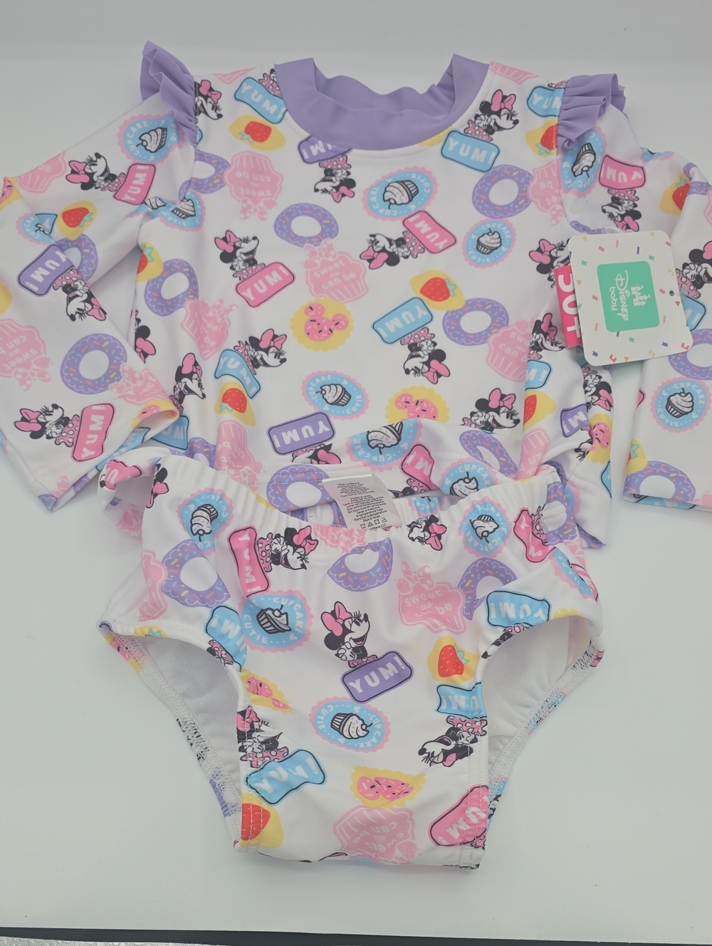 Disney Minnie Mouse Baby Girl Two Piece Swimsuit with Rashguard Top Size 18 Mos